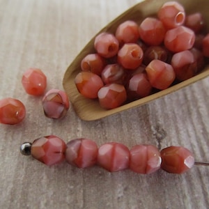 4mm Faceted Round Opaque Coral Pink Brown Czech Glass Beads 50pc