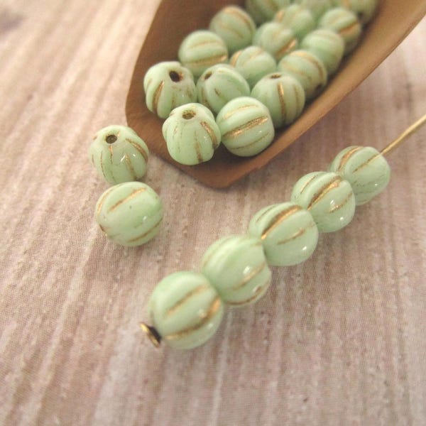 5mm Melon Opaque Mint Green Gold Wash Czech Glass Beads Fluted Round 25pc