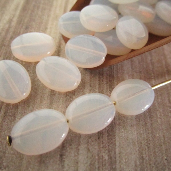 12x9mm Flat Oval Milky White Opal Czech Glass Beads 20pc