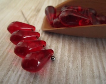 7x14mm Faceted Teardrop Siam Red Czech Beads Drop Pressed Glass 10pc