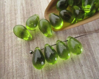 6x9mm Teardrop Transparent Olivine Green Czech Drop Glass Beads  25pc