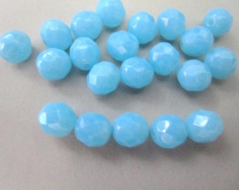 8mm Faceted Round Powder Blue Opal Czech Glass Beads Fire Polished 25pc