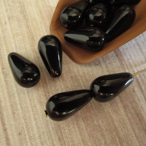 15x8mm Teardrop Jet Black Czech Glass Drop Beads 10pc