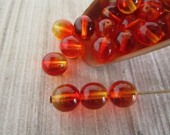 8mm Round Druk Fire Opal Czech Glass Beads Red Orange Yellow 25pc