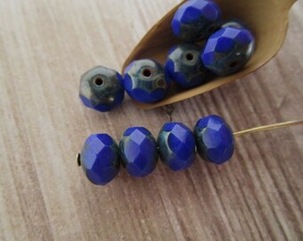6x8mm Faceted Rondelle Blue Indigo Picasso Czech Glass Beads 10pc