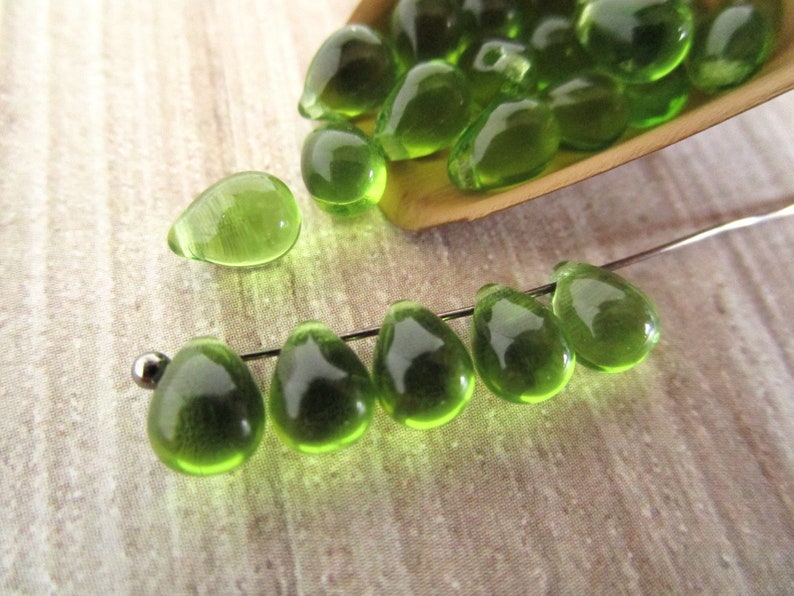 5x7mm Teardrop Olivine Czech Glass Beads Transparent Green Top Drilled 25pc image 4