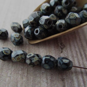 4mm Faceted Round Black Jet Picasso Czech Glass Beads Fire Polished 50pc