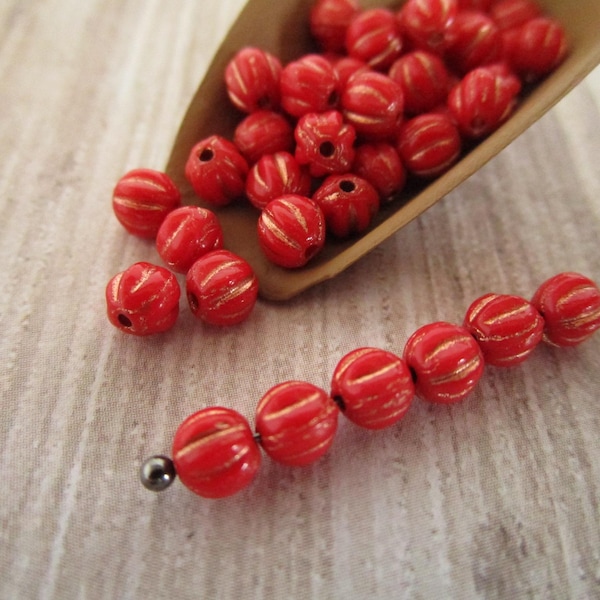 4mm Melon Opaque Coral Bronze Wash Czech Glass Beads Fluted Round 50pc