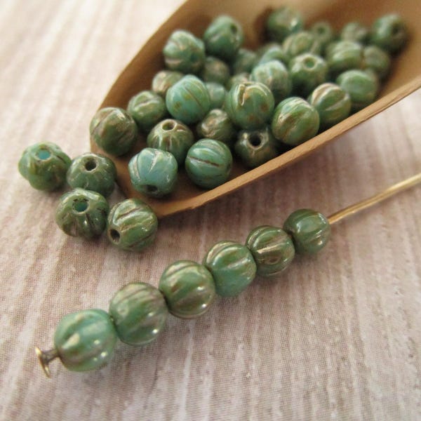 4mm Melon Blue Turquoise Picasso Czech Glass Beads Fluted Round 50pc