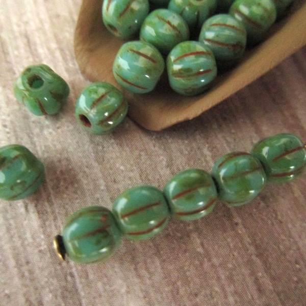 5mm Melon Opaque Turquoise Picasso Czech Glass Beads Fluted Round 25pc
