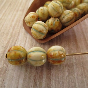 8mm Melon Honey Picasso Turquoise Wash Czech Glass Beads Fluted Round 10pc