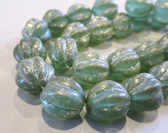 12mm Melon Green Celadon Mercury Czech Glass Beads Fluted Round 6pc