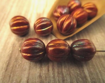 8mm Melon Red Bronze Luster Iris Czech Glass Beads Fluted Round 10pc