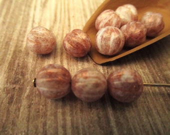 8mm Melon Topaz Pink Luster Czech Glass Beads Fluted Round 10pc