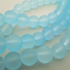 8mm Round Frosted Light Blue Sea Glass Beads 51pc