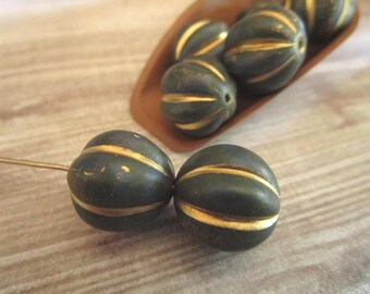 14mm Melon Etched Army Green Picasso Gold Wash Czech Glass Beads Fluted Round 4pc