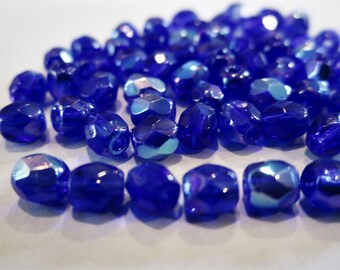 4mm Faceted Round Cobalt AB Blue Czech Glass Beads Fire Polished 50pc