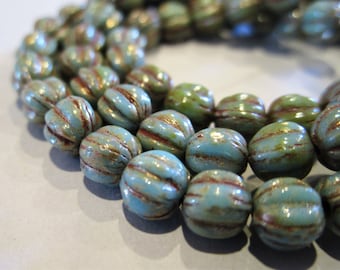 5mm Melon Turquoise Picasso Czech Glass Beads Fluted Round 25pc