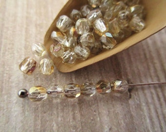 3mm Faceted Round Twilight Crystal Czech Bead Clear Gold Fire Polished Glass 50pc