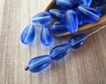 10x6mm Teardrop Transparent Sapphire Blue Czech Glass Beads 25pc