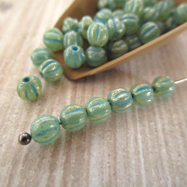 4mm Melon Turquoise Mercury Turquoise Wash Czech Glass Beads Fluted Round 50pc