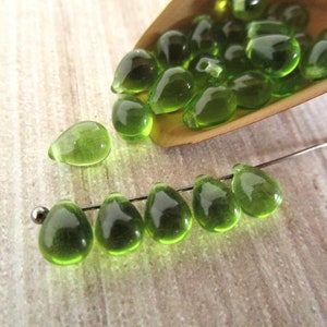 5x7mm Teardrop Olivine Czech Glass Beads Transparent Green Top Drilled 25pc image 3