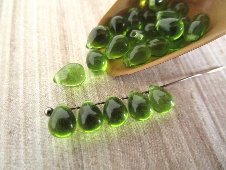 5x7mm Teardrop Olivine Czech Glass Beads Transparent Green Top Drilled 25pc image 3