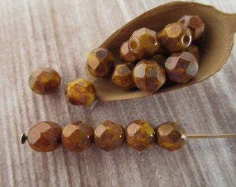 6mm Faceted Round Yellow Copper Picasso Czech Bead Fire Polished Glass 25pc