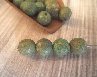 8mm Round Druk Etched Opaque Tea Green Yellow Picasso Czech Glass Beads 20pc