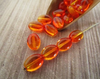 8x6mm Flat Oval Fire Opal Czech Glass Beads Red Orange 25pc