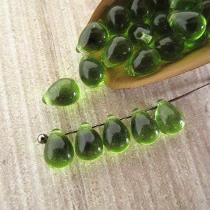 5x7mm Teardrop Olivine Czech Glass Beads Transparent Green Top Drilled 25pc image 2