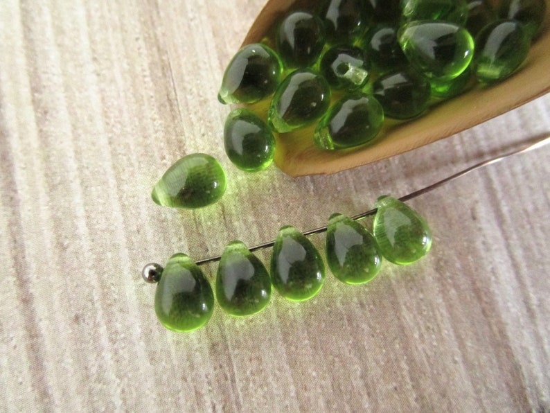 5x7mm Teardrop Olivine Czech Glass Beads Transparent Green Top Drilled 25pc image 2