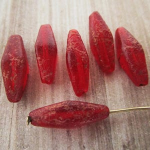 20x8mm Elongated Bicone Etched Ruby Red Copper Wash Rhombus Premium Czech Glass Beads 6pc