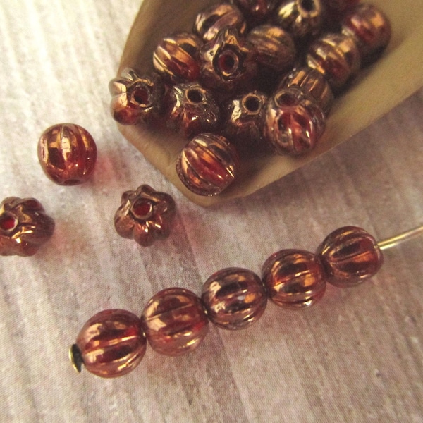 5mm Melon Red Ruby Bronze Czech Glass Beads Fluted Round 25pc