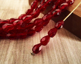 7x5mm Faceted Teardrop Ruby Red Czech Glass Beads Fire Polished Drops 25pc