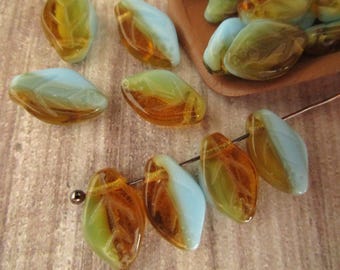 8x12mm Leaf Turquoise Amber Mix Czech Glass Bead Blue Brown Leaves 25pc