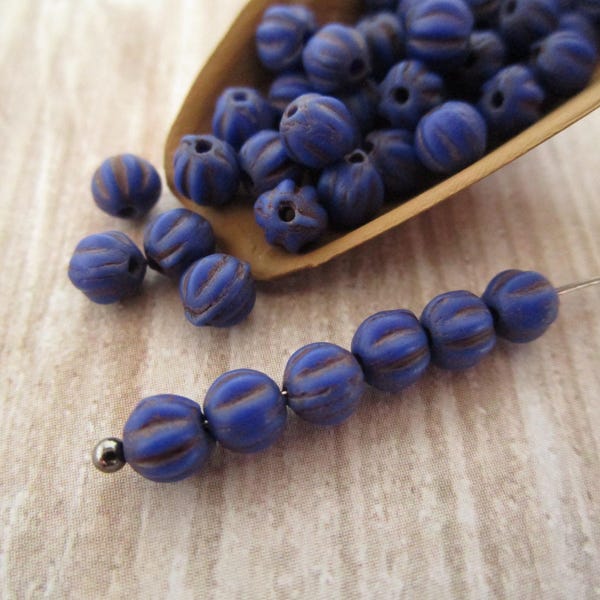 4mm Melon Opaque Blue Indigo Brown Wash Czech Beads Fluted Round 50pc