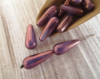 15x6mm Teardrop Purple Grape with Bronze Wash Czech Glass Beads 10pc