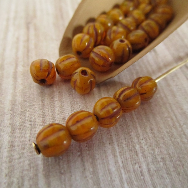 5mm Melon Opaque Yellow with Brown Wash Czech Glass Beads Fluted Round 25pc