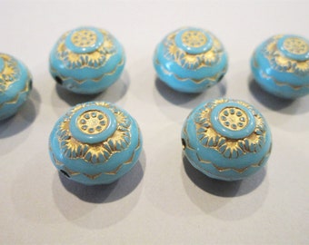 13mm Floral Puffy Coin Opaque Light Blue Gold Inlay Acrylic Beads 20pc