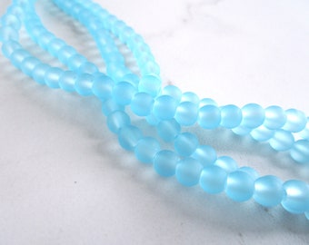 6mm Round Sea Glass Frosted Blue Beads Matte 70pc