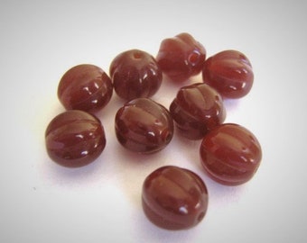 8mm Melon Dark Carmel Brown Czech Glass Beads Fluted Round 10pc