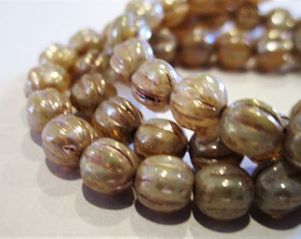 8mm Melon Champagne Picasso Czech Glass Beads Fluted Round 10pc