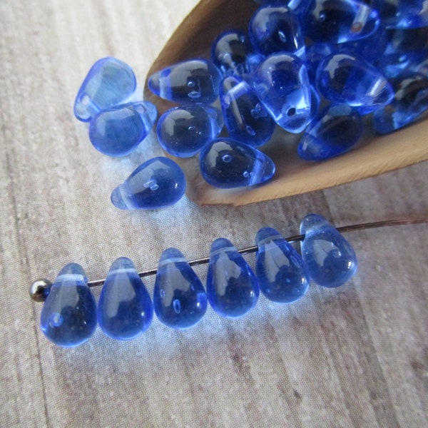 4x6mm Teardrop Sapphire Blue Czech Glass Drop Beads 50pc