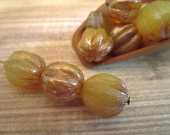 12mm Melon Champagne Silver Picasso Czech Glass Beads Fluted Round 6pc