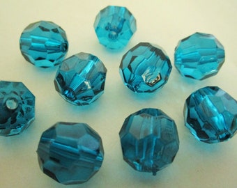 14mm Faceted Round Transparent Teal Acrylic Beads 15pc