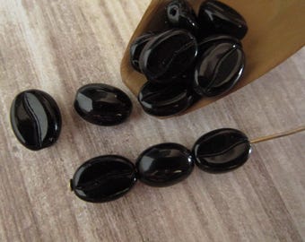 11x8mm Coffee Bean Opaque Jet Black Czech Glass Beads 12pc