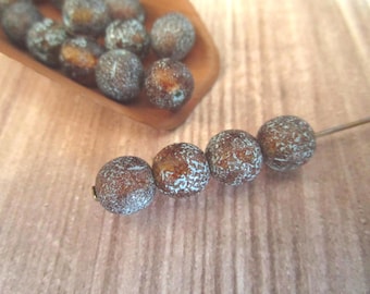 8mm Round Druk Etched Amber Picasso Turquoise Wash Blue Czech Glass Beads 20pc
