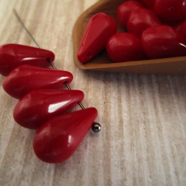 7x14mm Faceted Teardrop Opaque Blood Red Czech Beads Drop Pressed Glass 10pc