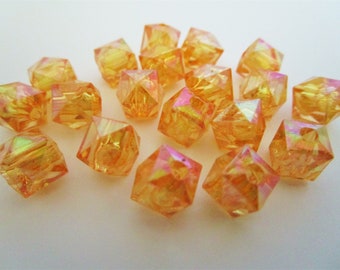 9mm Faceted Cube Transparent Orange AB Acrylic Beads 30pc